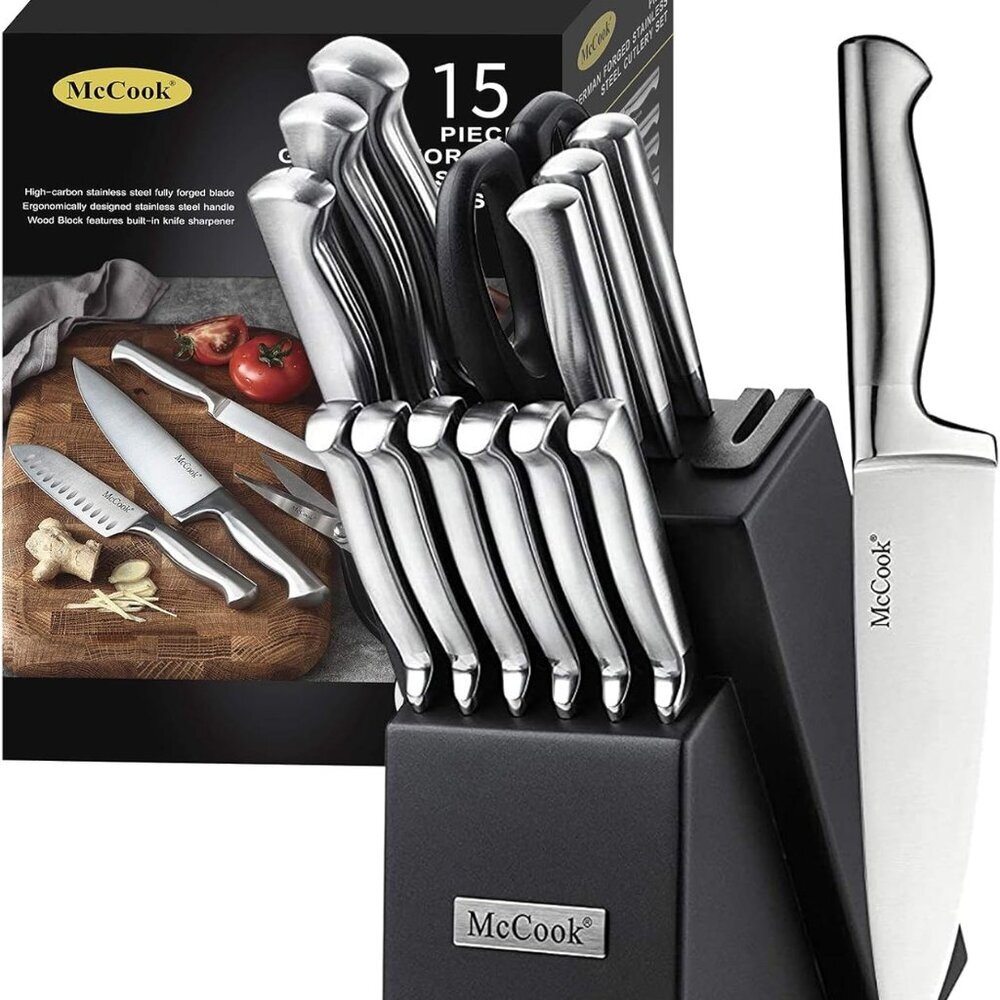 Knife Sets, German Stainless Steel Knife Block Sets with Built-in Sharpener